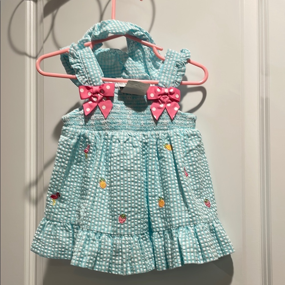 Rare Editions Blue Gingham Dress with Pink Polka Dot Bows